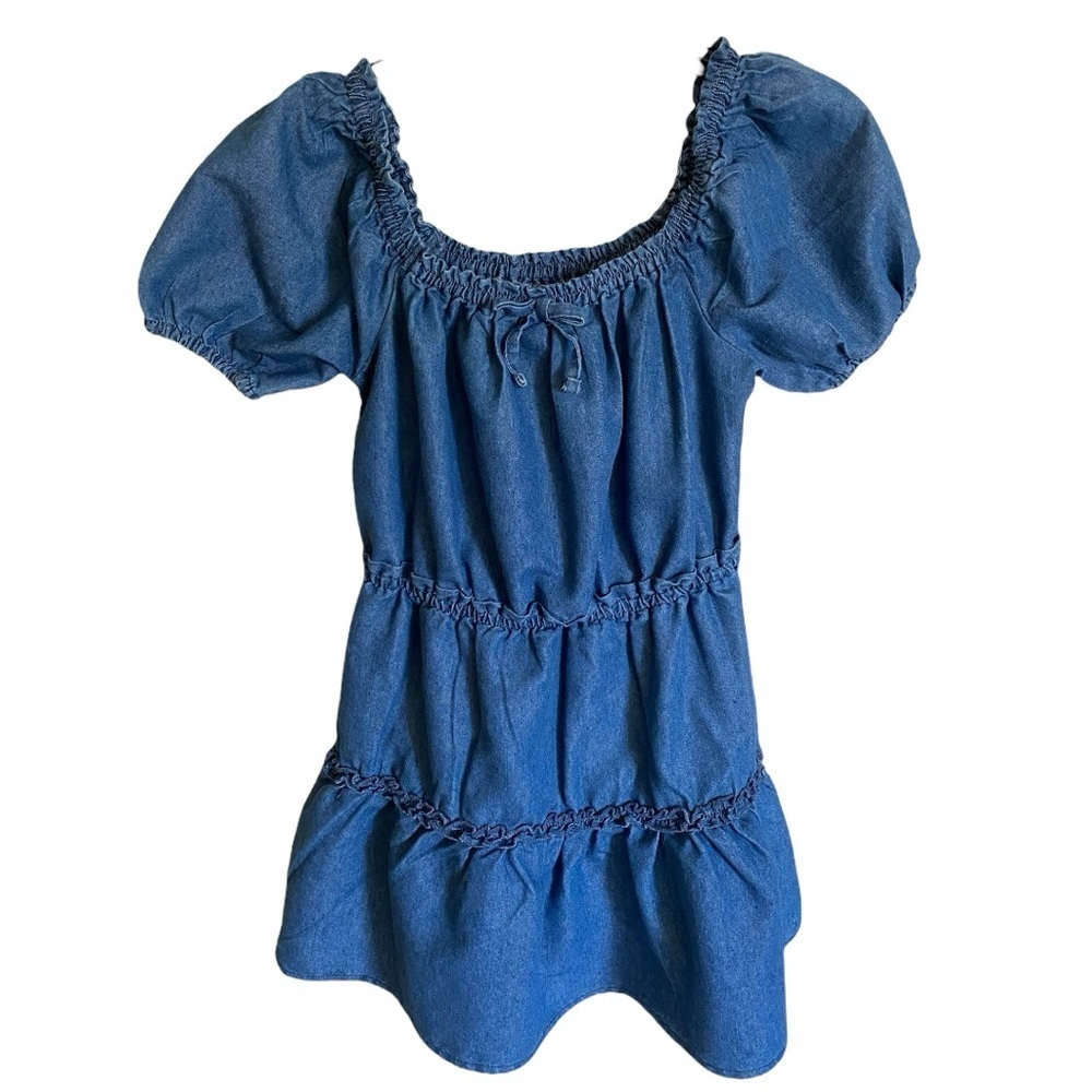 BCBG GIRLS Blue Denim Ruffle Dress Puff Sleeve Smocked Dress Size Large NWOT